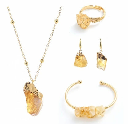 Nye 2025 Design Smykkesett ( Kjede, øredobber, ring, armbÅnd  ), Yellow Quartz