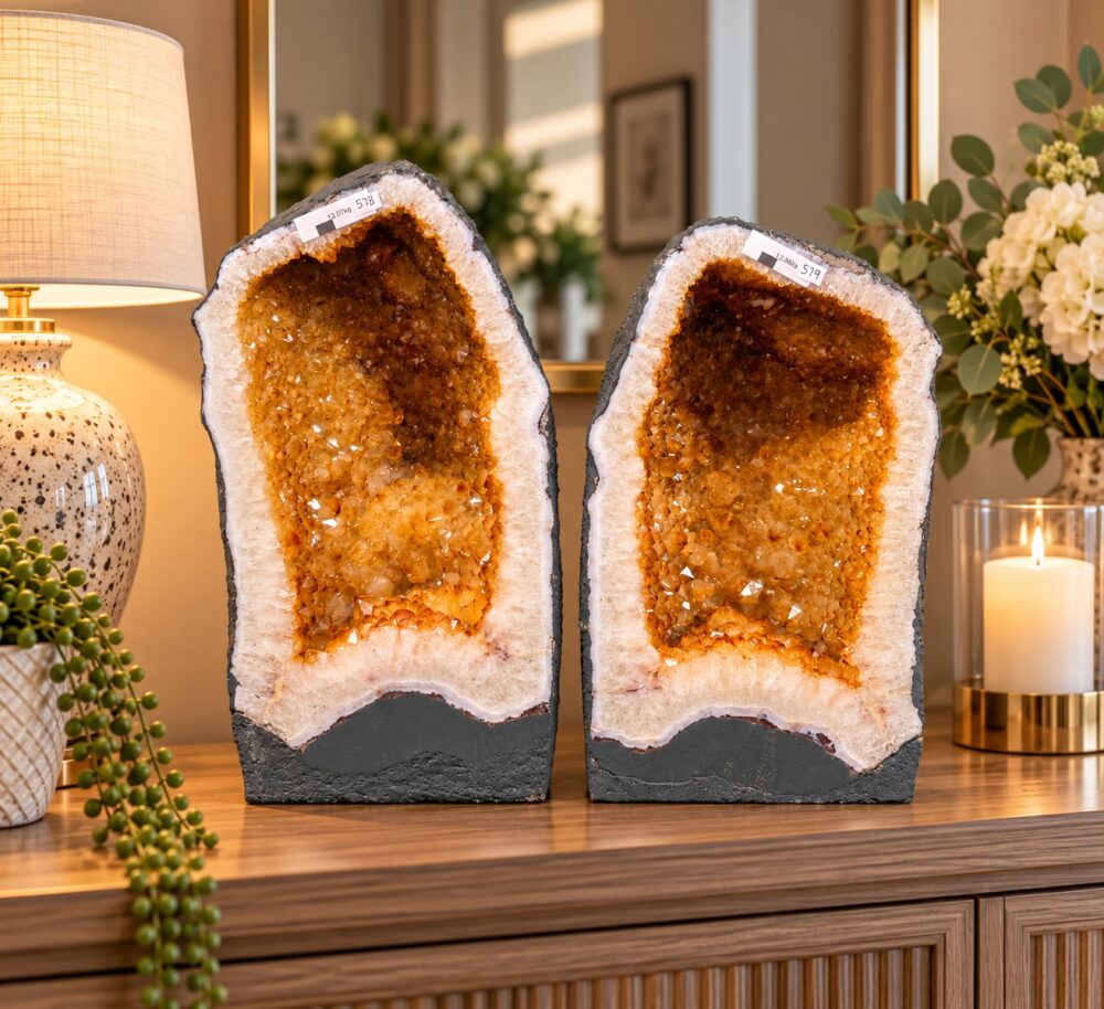 Citrine Geode PAIR 578 & 579 Crystal Cluster Druzy Premium Grade 13kg each H36xW19xD12cm