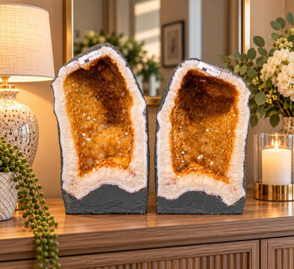Citrine Geode PAIR 578 & 579 Crystal Cluster Druzy Premium Grade 13kg each H36xW19xD12cm