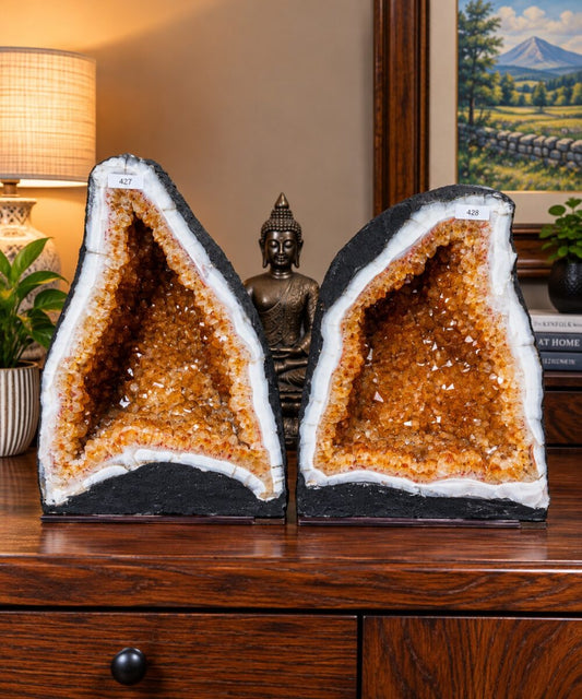 Citrine Geode Pair 427 & 428 Crystal Cluster Druzy Premium Grade 24kg each H38xW29xD24cm