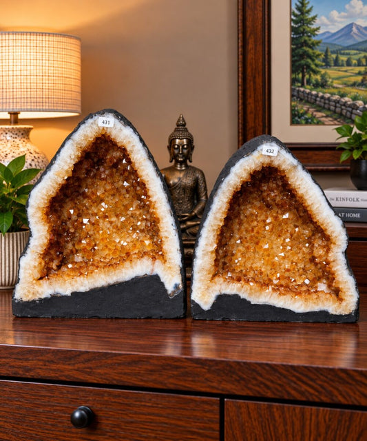 Citrine Geode Pair 431 & 432 Crystal Cluster Druzy Premium Grade 19kg each H35xW33xD18cm