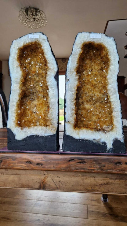 Tall Citrine Geode PAIR 453 &amp; 454 Crystal Cluster Druzy Premium Grade 19kg each H45xW23xD18cm