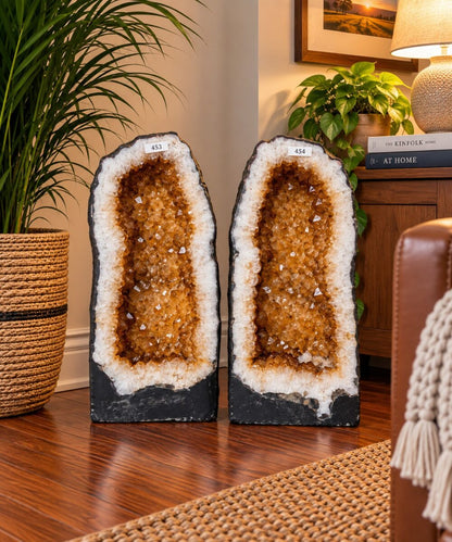 Tall Citrine Geode PAIR 453 &amp; 454 Crystal Cluster Druzy Premium Grade 19kg each H45xW23xD18cm
