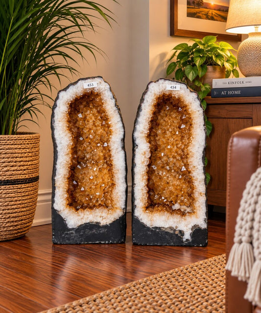 Tall Citrine Geode PAIR 453 &amp; 454 Crystal Cluster Druzy Premium Grade 19kg each H45xW23xD18cm