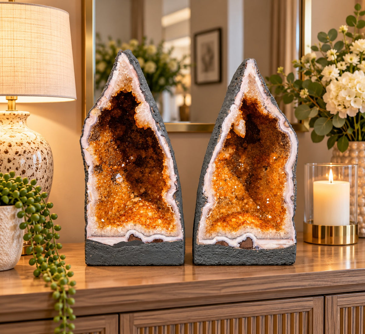 Citrine Geode PAIR 568 & 569 Crystal Cluster Druzy Premium Grade 9kg each H37xW20xD15cm