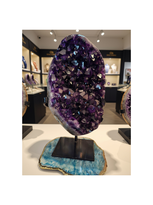 Large Artiga Uruguay Amethyst Cluster on Metal Stand with Super Shinny Crystals - MWS2736, 1.4kg - 20x9cm