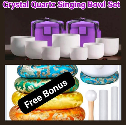 KAMPANJE / 7 PCS Crystal Singing Bowls Set 432Hz 6"-12" - Chakra Quartz Sound Bowls - Including Mallets, Carrying Bags, 7 x Frosted White Quartz Bowls