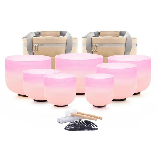 KAMPANJE / 7 PCS Crystal Singing Bowls Set 432Hz 6"-12" - Pink Candy Quartz Sound Bowls - Including Mallets & Carrying Bags, 7 x Frosted  - 7 Color Quartz Bowls