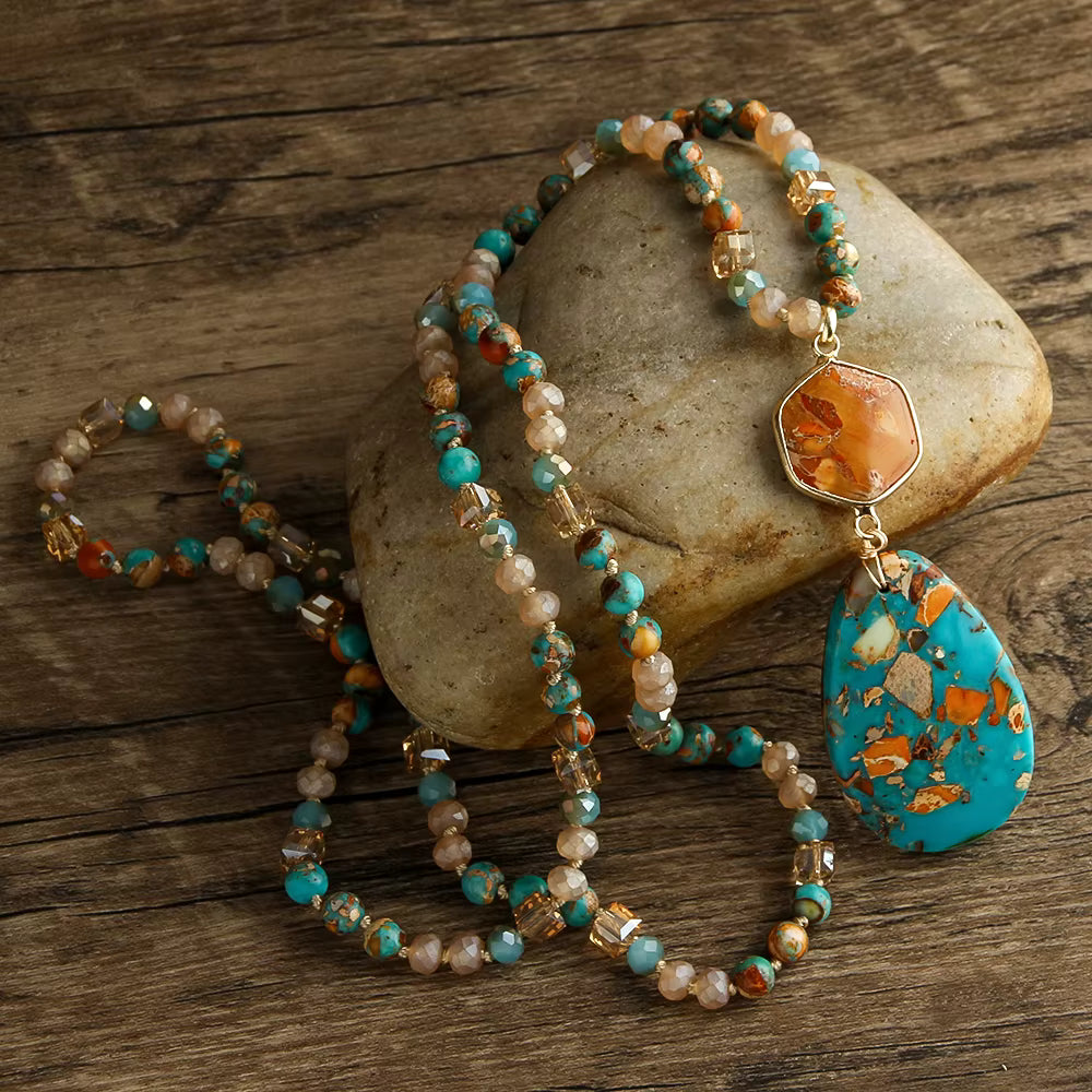 NEW LONG BOHEMIAN JASPER MALAKJEDE ( 80cm ) w/ Oval Pendant