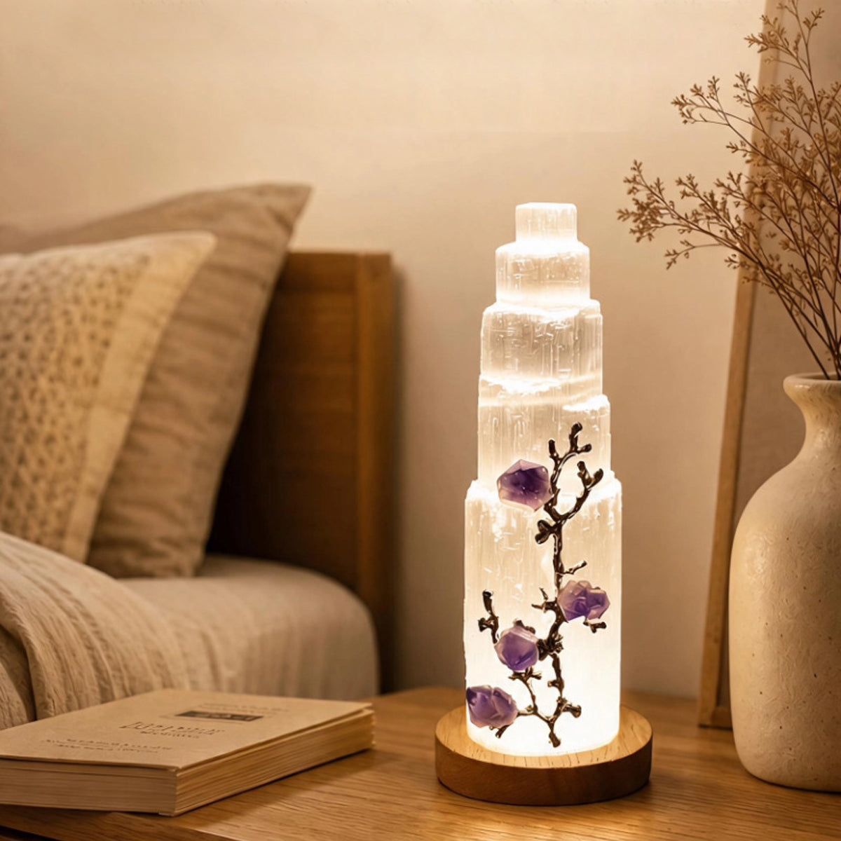 Natural Selenite Skyscraper Lamp,USB, Amethyst Rough Crystal Decor Light Wooden Base, 17cm