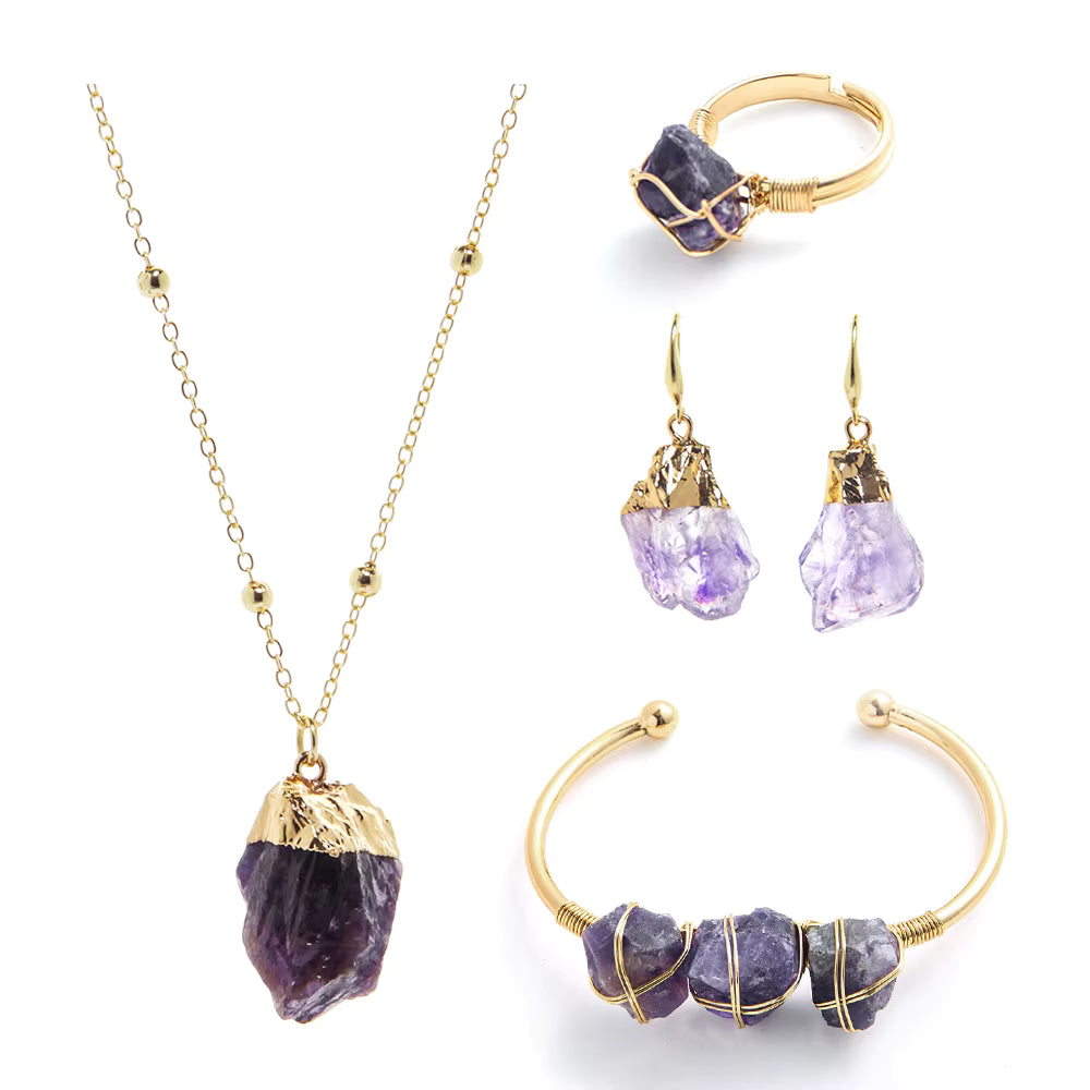 Nye Design Smykkesett ( Kjede, øredobber, ring, armbÅnd  ), Ametyst