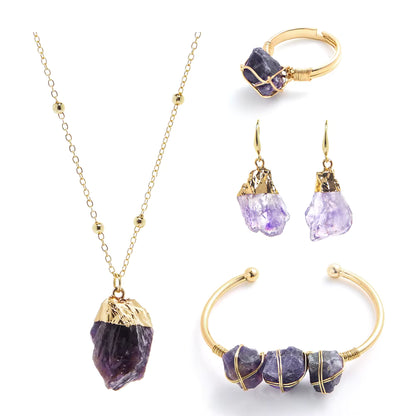 Nye Design Smykkesett ( Kjede, øredobber, ring, armbÅnd  ), Ametyst