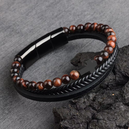 Nye, lekre Rød Tigerøye armbånd med skinn ...Triple Row m/kors i Hematitt, justerbare ledd