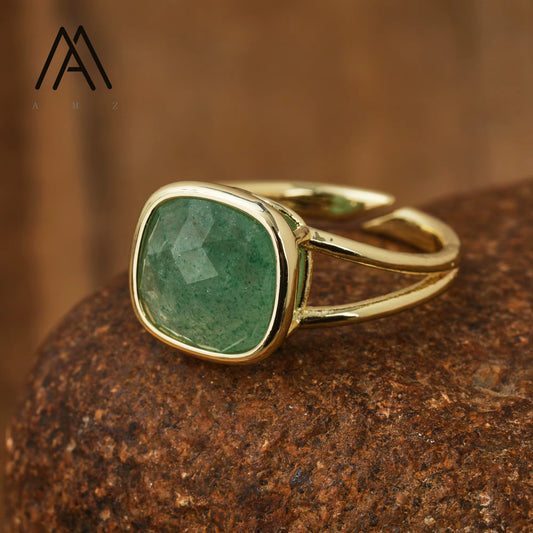 Nye MICCI Design Natural Green Strawberry Quartz Stone Ring, 18K Goldplated, one size - justerbar