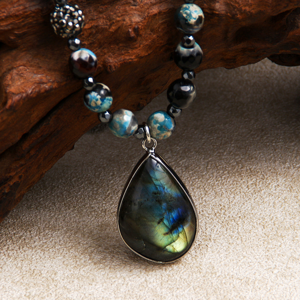 Retro Gothic Triple Natural Stone Necklace w/ Hematite, Moonstone Labradorite Pendant, 45 - 55cm