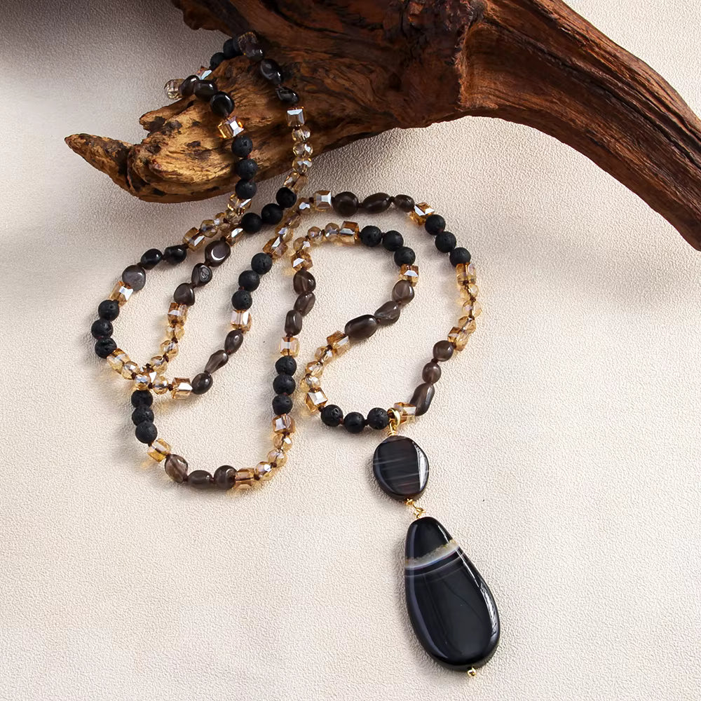 NEW LONG BOHEMIAN BLACK AGATE MALAKJEDE ( 80cm ) w/ Oval Pendant