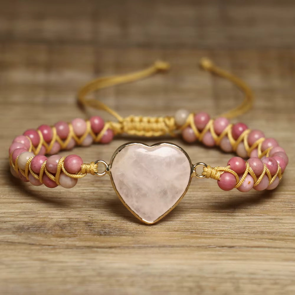 Enkle og vakre Chambhala 2 rader armbånd m/ Hjerteformet Rose Quartz sten og små Rhodonite stener ( justerbart )