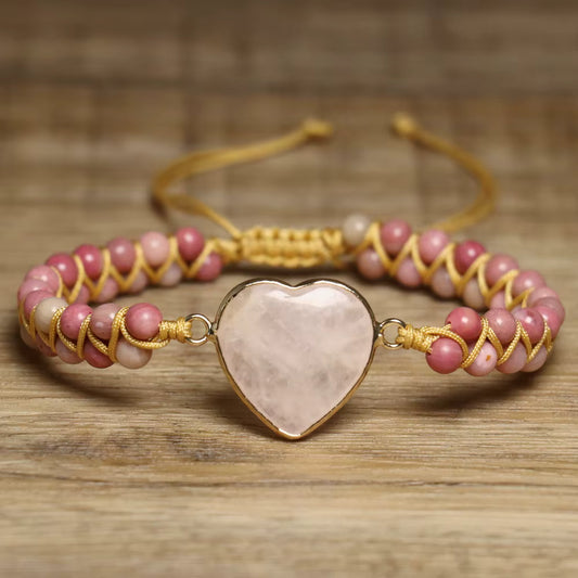 Enkle og vakre Chambhala 2 rader armbånd m/ Hjerteformet Rose Quartz sten og små Rhodonite stener ( justerbart )