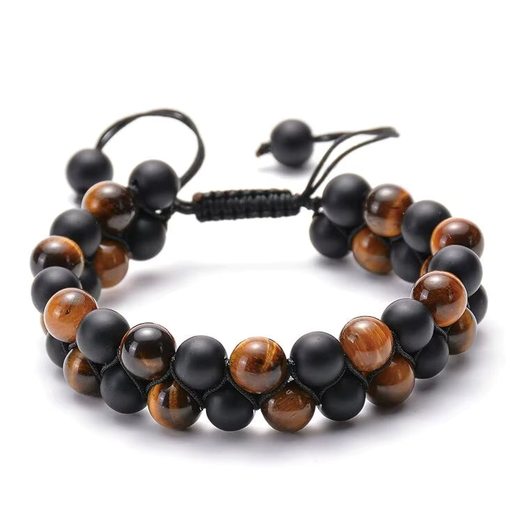 Nye Chambhala 2 rader Tigerøye armbÅnd og sort onyx, justerbare, 8mm kuler