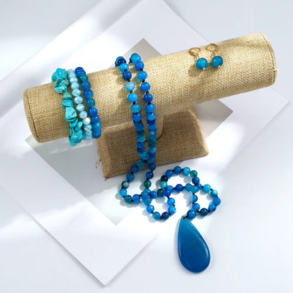 NEW LONG BOHEMIAN AGATE MALAKJEDE, ARMBÅND + ØREDOBBER ( 80cm ) w/Flower, Blue