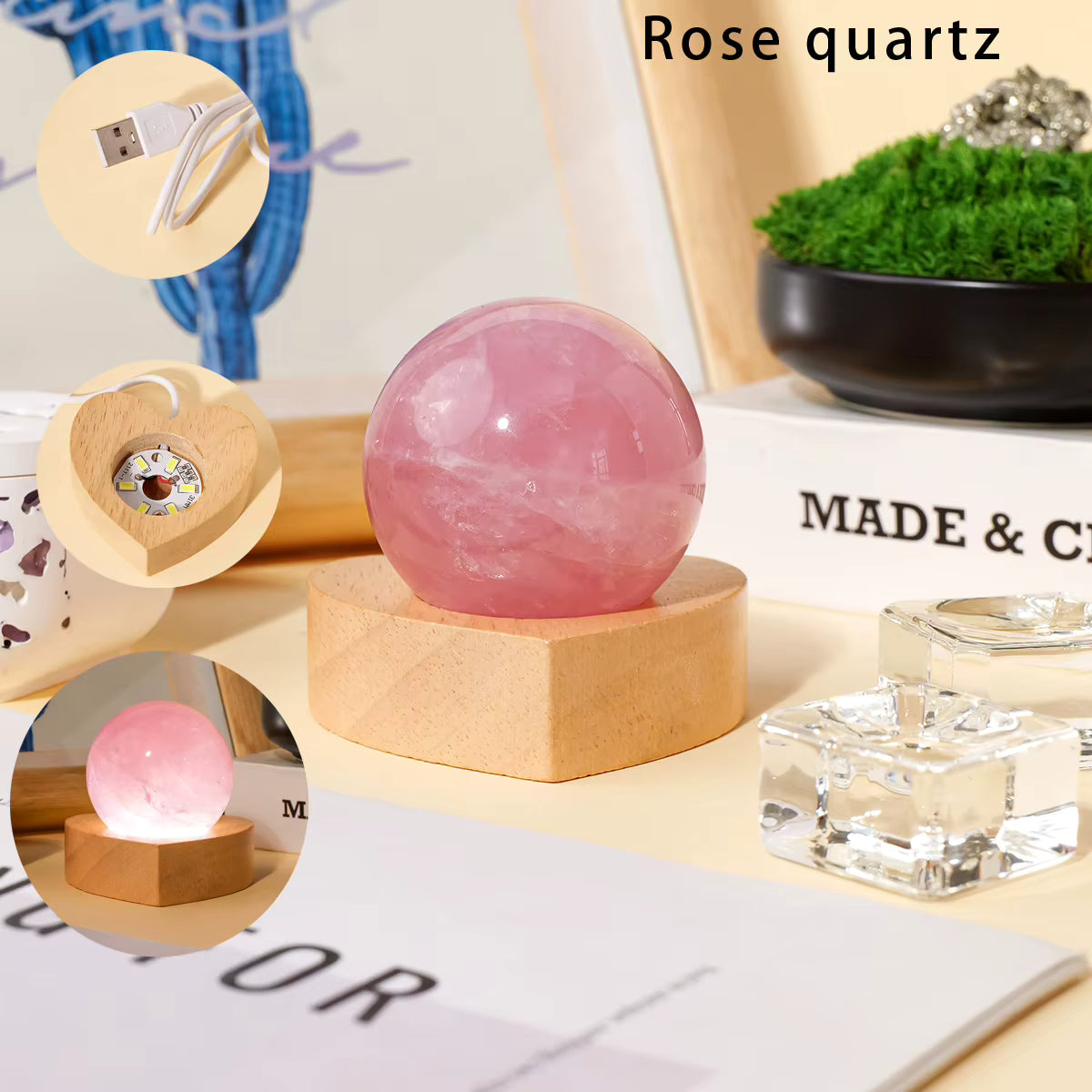 Natural Crystal Ball Lamp With Heart Shaped Wooden LED Base USB Powered Night Light for Home Decor, 4 stentyper
