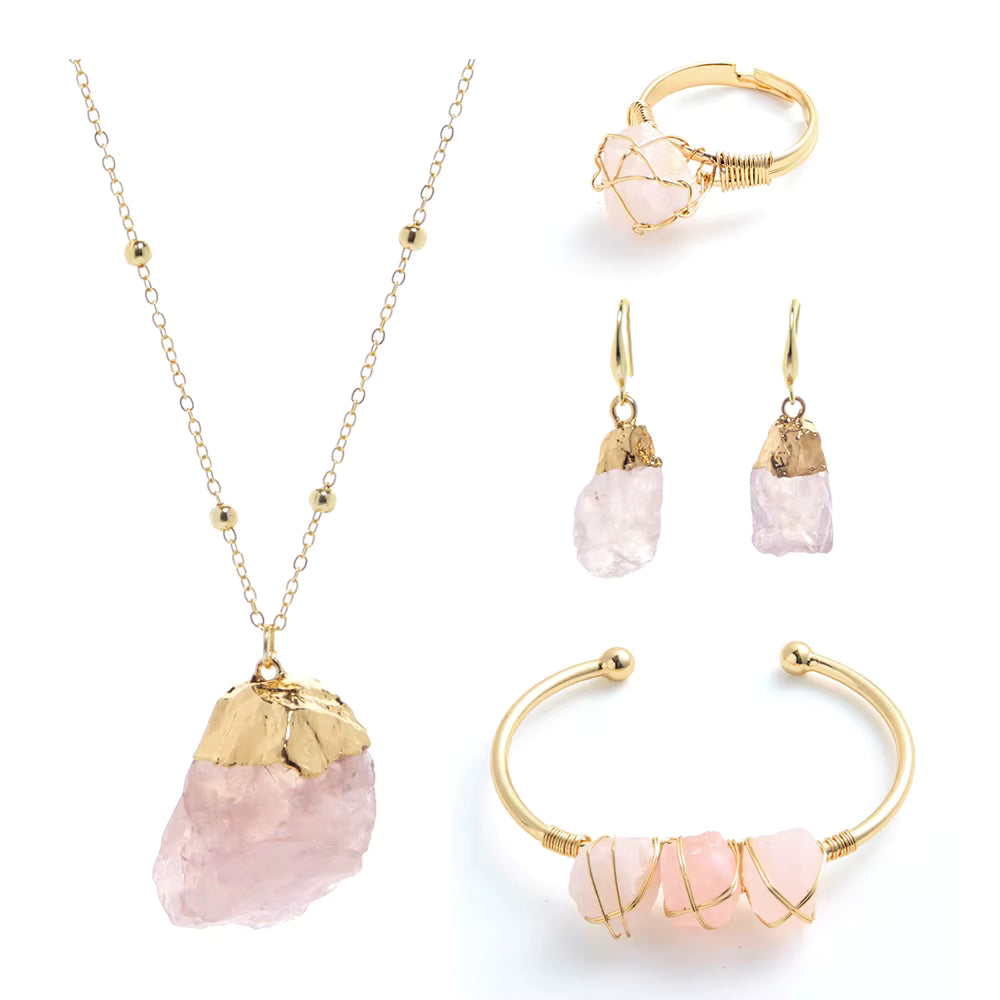 Nye Design Smykkesett ( Kjede, øredobber, ring, armbÅnd  ), Rose Quartz