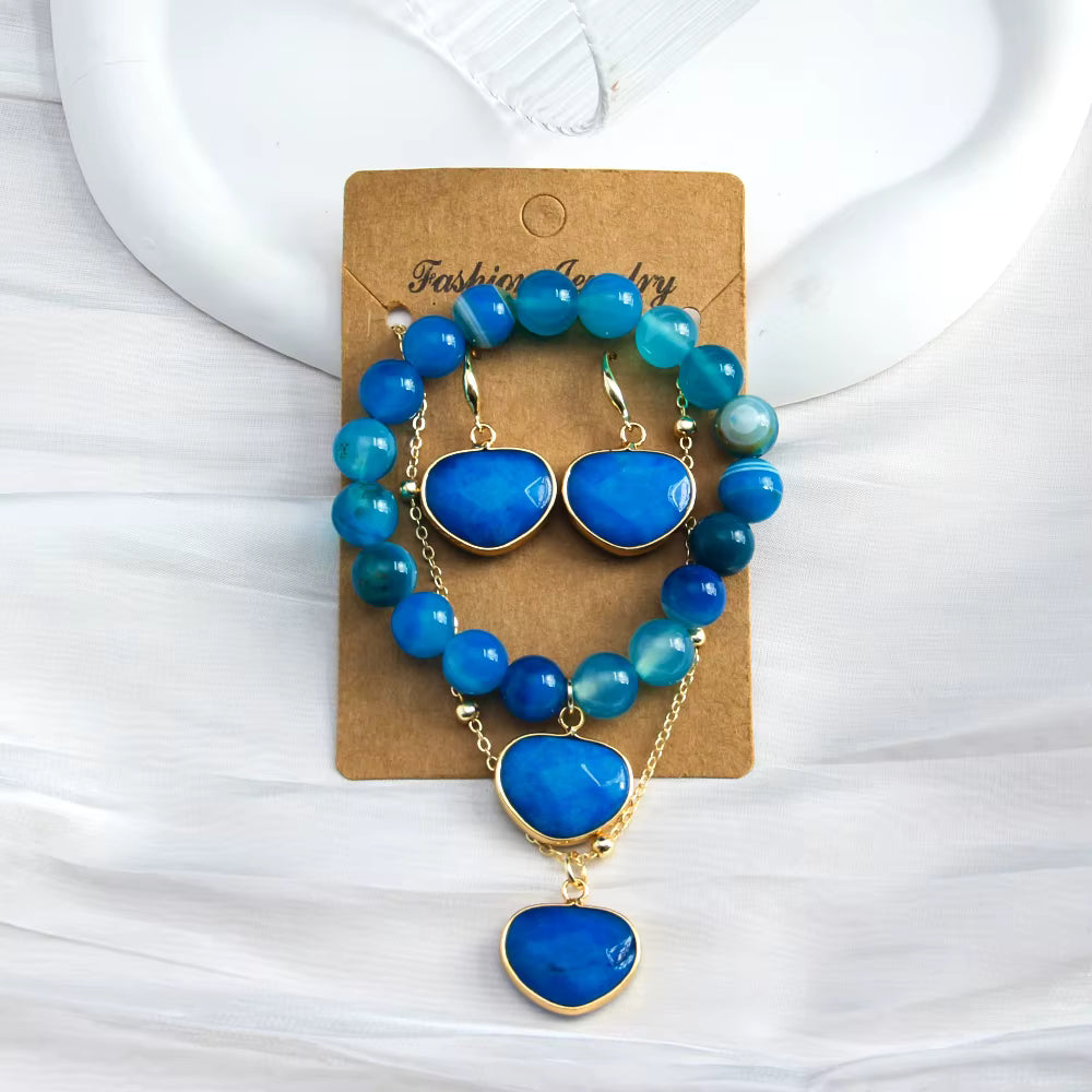 Nye Design Smykkesett m/Hjerteanheng ( Kjede, armbÅnd, øredobber ), Blue Agate