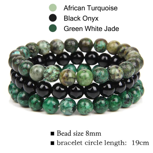 Natural Stone 3 Pack 8mm Armbånd, Black Onyx, African Turquiose, Green White Jade
