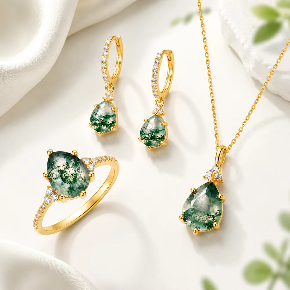 MOSS AGATE CZ Solitaire Jewelry 3 PCS ( Ring, Kjede, Øredobber ) Art Deco Jewelry Set, Yellow Gold Vermeil ( 925s Silver )