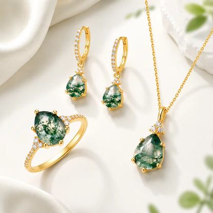 MOSS AGATE CZ Solitaire Jewelry 3 PCS ( Ring, Kjede, Øredobber ) Art Deco Jewelry Set, Yellow Gold Vermeil ( 925s Silver )