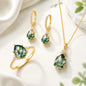 MOSS AGATE CZ Solitaire Jewelry 3 PCS ( Ring, Kjede, Øredobber ) Art Deco Jewelry Set, Yellow Gold Vermeil ( 925s Silver )