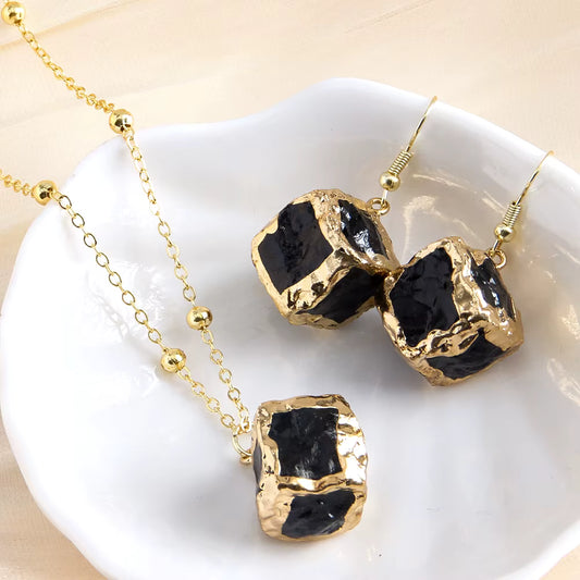 Nytt Cube Stone Design Smykkesett ( Kjede, øredobber ), Black Obsidian
