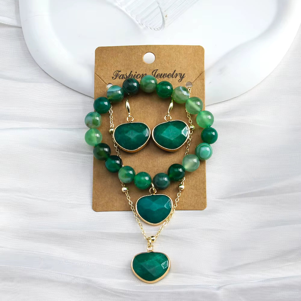 Nye Design Smykkesett m/Hjerteanheng ( Kjede, armbÅnd, øredobber ), Grønn Agate