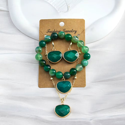Nye Design Smykkesett m/Hjerteanheng ( Kjede, armbÅnd, øredobber ), Grønn Agate
