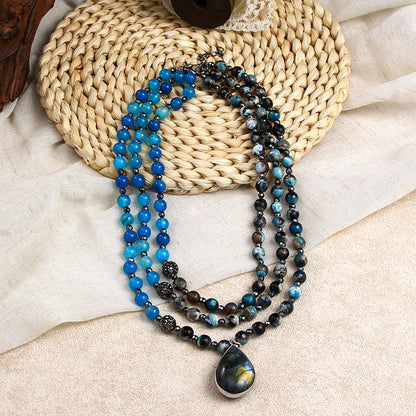 Retro Gothic Triple Natural Stone Necklace w/ Hematite, Moonstone Labradorite Pendant, 45 - 55cm