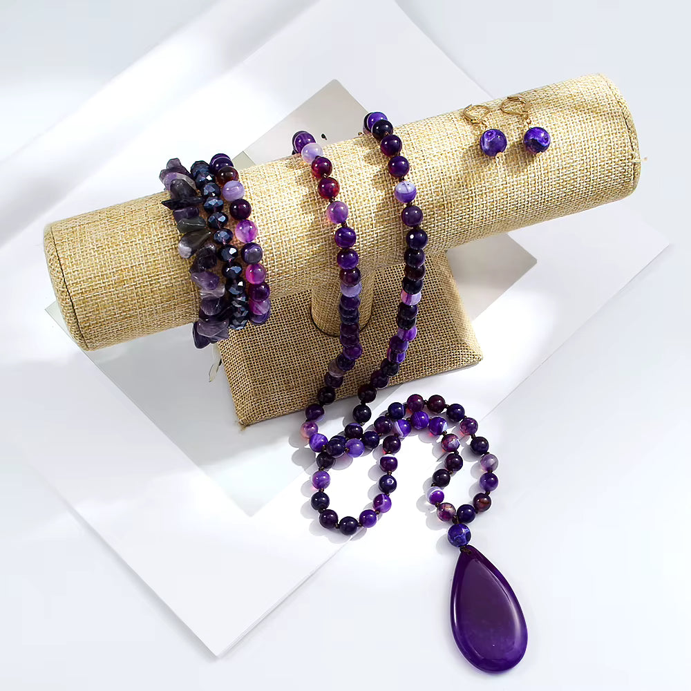 NEW LONG BOHEMIAN AGATE MALAKJEDE, ARMBÅND + ØREDOBBER ( 80cm ) w/Flower, Purple