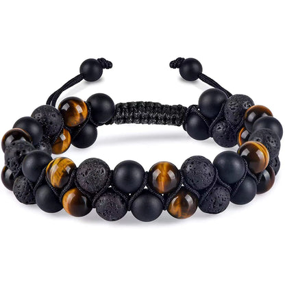 Nye Chambhala 2 rader Gyllen Tigerøye armbÅnd med onyx og lavasten, justerbare
