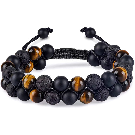 Nye Chambhala 2 rader Gyllen Tigerøye armbÅnd med onyx og lavasten, justerbare