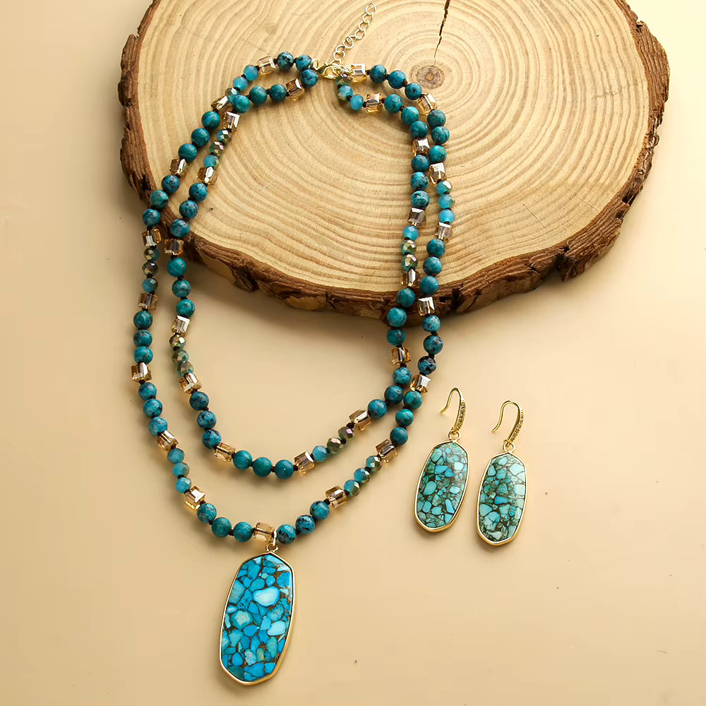 Nytt BOHEMIAN Design 2 rader Smykkesett ( Kjede + Øredobber ) Blue Jasper & & Decor , 50cm