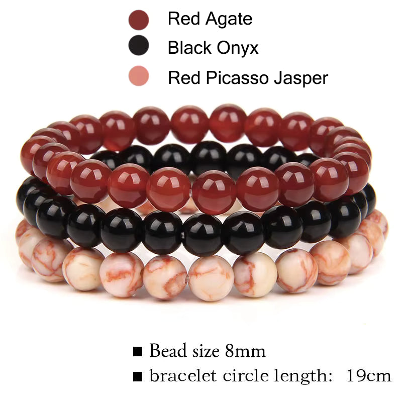 Natural Stone 3 Pack 8mm Armbånd, Black Onyx, Red Agate, Red Picasso Jasper