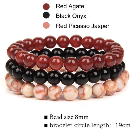 Natural Stone 3 Pack 8mm Armbånd, Black Onyx, Red Agate, Red Picasso Jasper