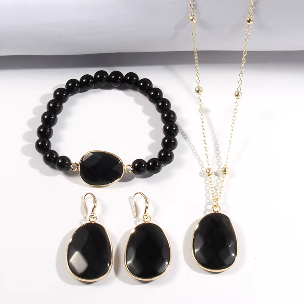 Nye Design Smykkesett ( Kjede, armbÅnd, øredobber ), Sort Agat