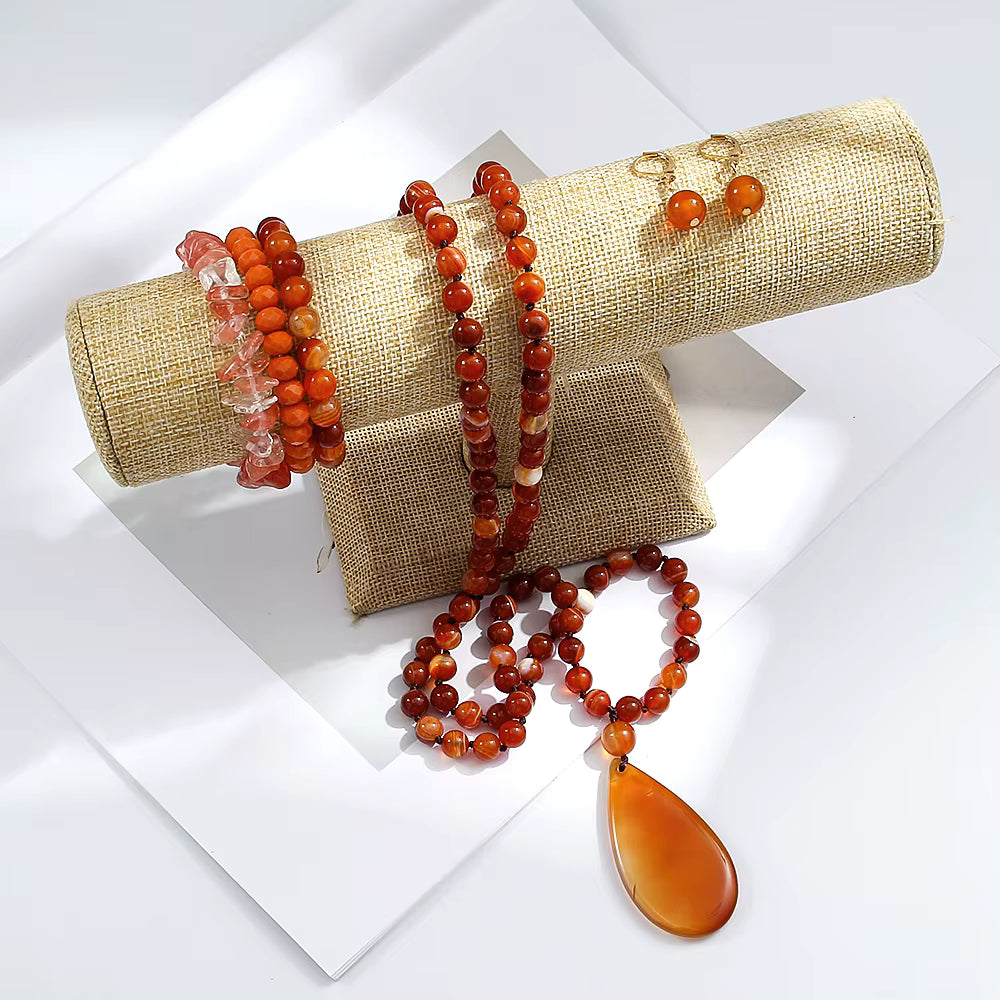 NEW LONG BOHEMIAN AGATE MALAKJEDE, ARMBÅND + ØREDOBBER ( 80cm ) w/Flower, Orange
