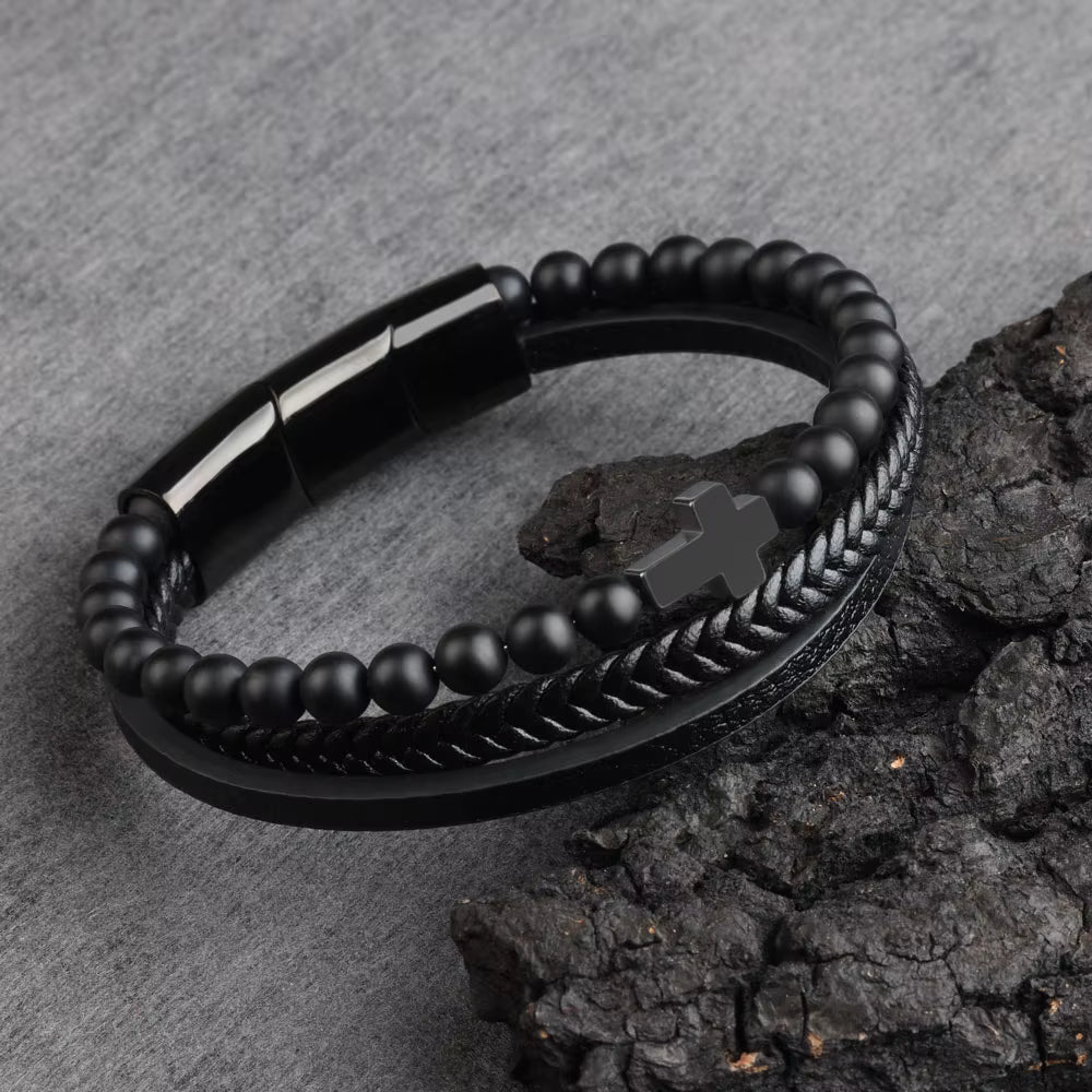 Nye, lekre Sort Obsidian armbånd med skinn ...Triple Row m/kors i Hematitt, justerbare ledd