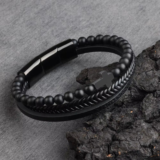 Nye, lekre Sort Obsidian armbånd med skinn ...Triple Row m/kors i Hematitt, justerbare ledd
