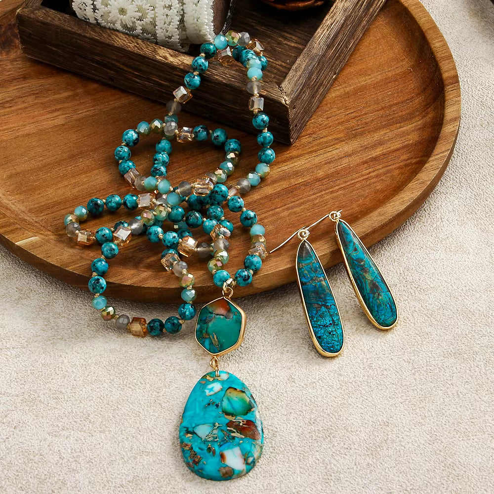 Nytt BOHEMIAN Design Smykkesett ( Langt Kjede + Øredobber ) Blue Jasper Emperor & Decor , 80cm