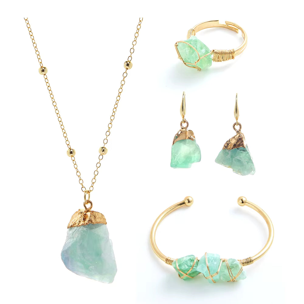 Nye Design Smykkesett ( Kjede, øredobber, ring, armbÅnd  ), Green Quartz