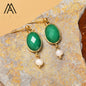 Nye Classic Oval Drop Earring Design, Gold Electroplated, Green JADE & Pearl