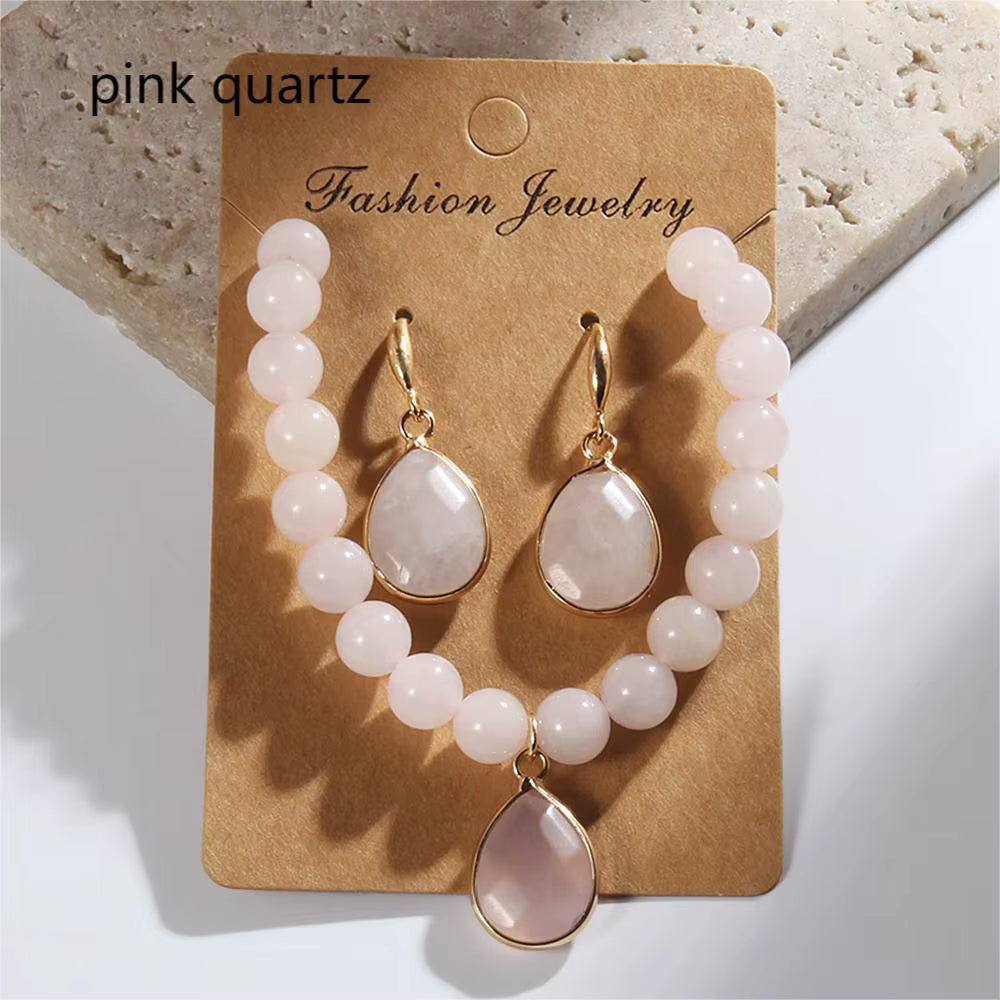 Nye Design Smykkesett ( Armbånd, øredobber ), Rose Quartz