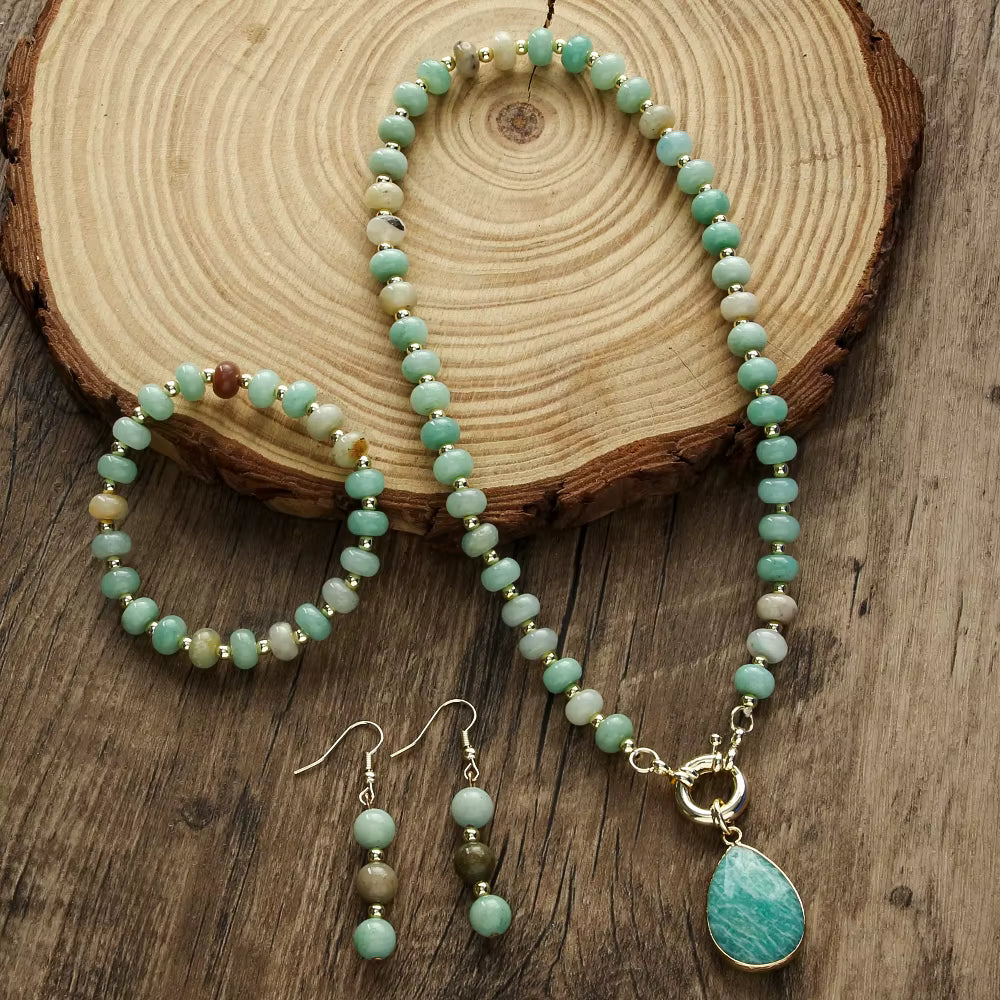 Beautiful Fashion Bohemian Jewelry Natural Stone Necklace, Bracelet, Earrings Set, Amazonite